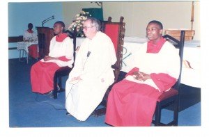 Father Seán Coughlan, O.Carm. (centre) (Photo courtesy of Phillip Bwanya)